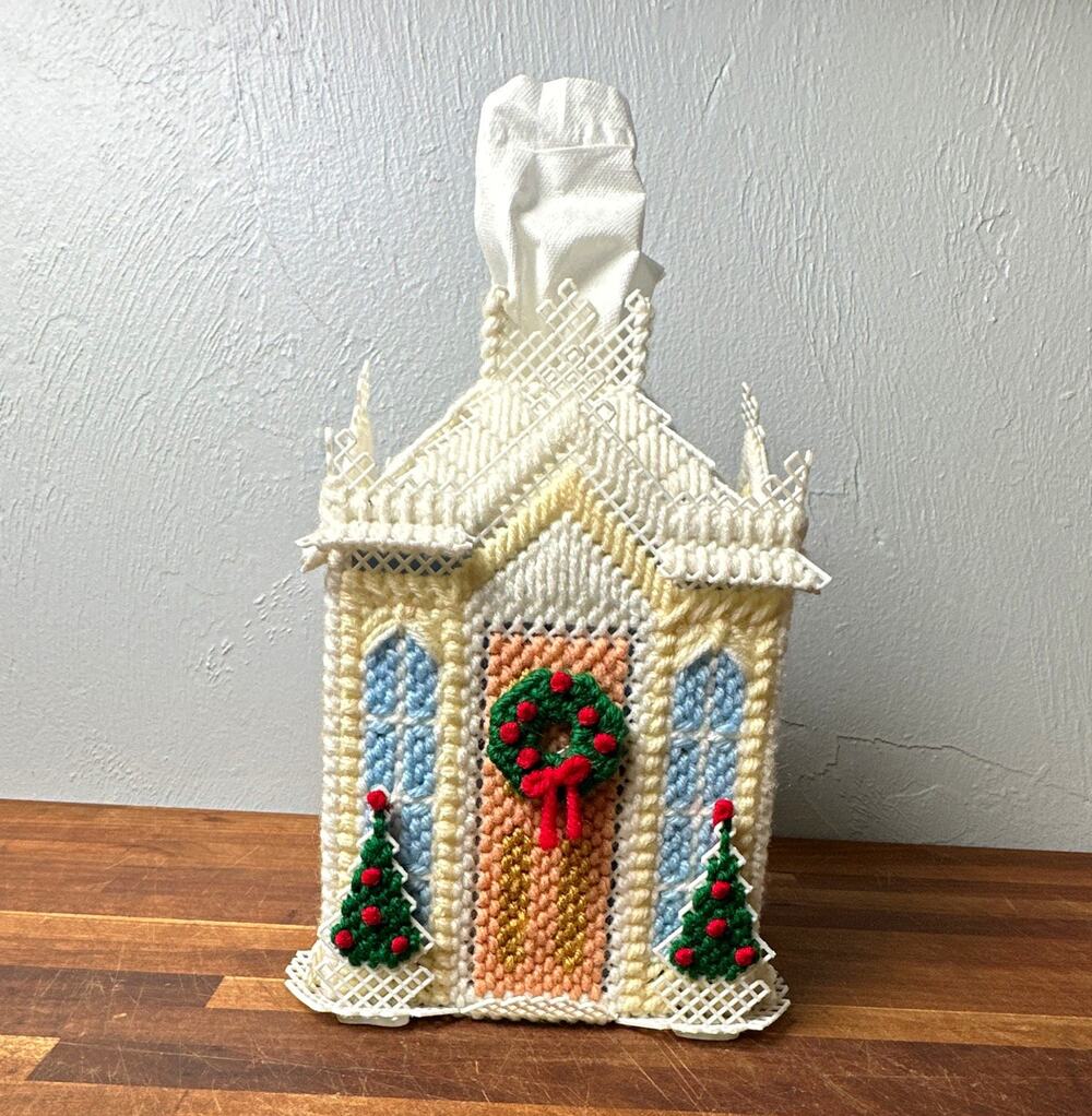 Christmas House/Church Tissue Cover, Handmade Needlepoint with intricate detail